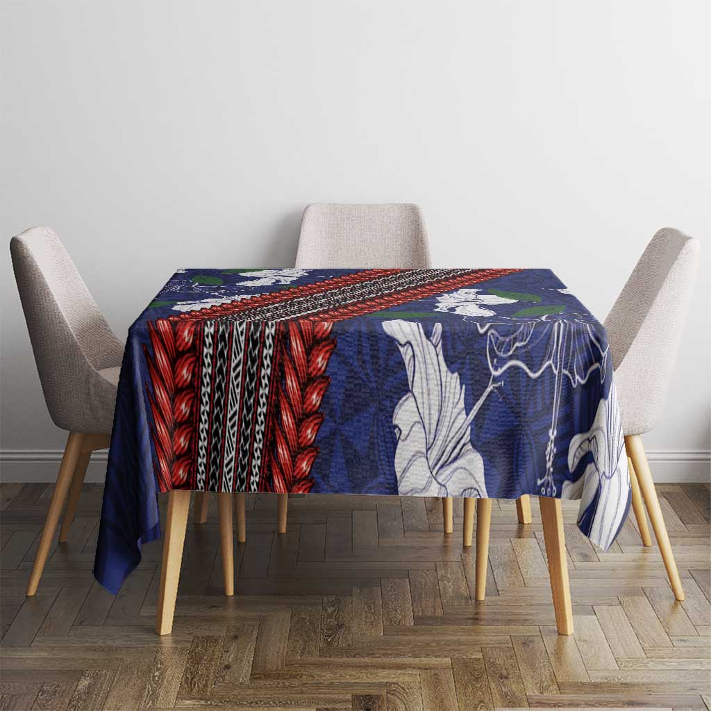 Samoan Culture Tablecloth Hibiscus and Ula Fala with Tapa Pattern Blue Color