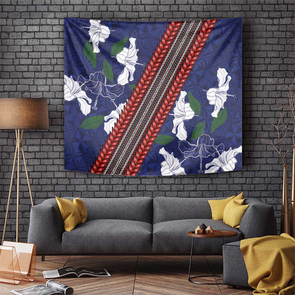 Samoan Culture Tapestry Hibiscus and Ula Fala with Tapa Pattern Blue Color