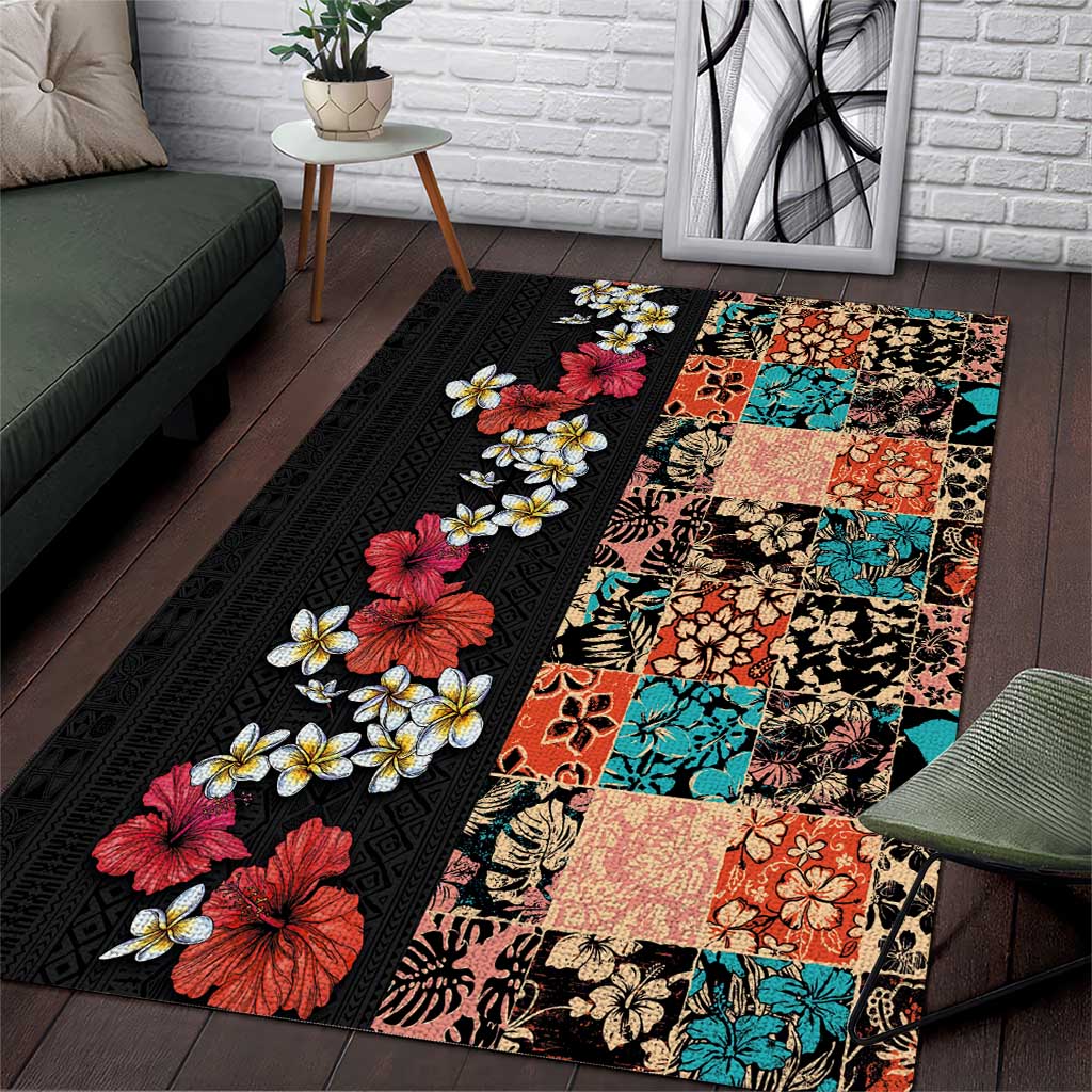 Hawaiian Hibiscus and Tropical Leaves Area Rug Patchwork Grunge Abstract Vintage Style