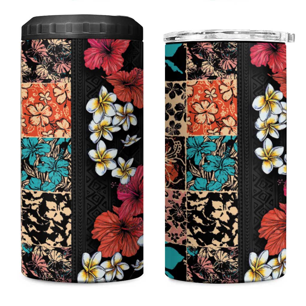 Hawaiian Hibiscus and Tropical Leaves 4 in 1 Can Cooler Tumbler Patchwork Grunge Abstract Vintage Style