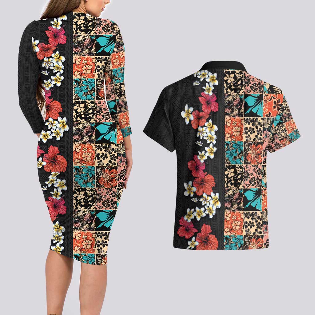 Hawaiian Hibiscus and Tropical Leaves Couples Matching Long Sleeve Bodycon Dress and Hawaiian Shirt Patchwork Grunge Abstract Vintage Style