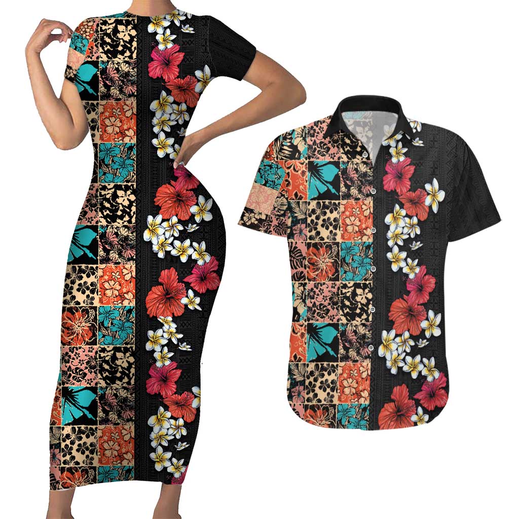 Hawaiian Hibiscus and Tropical Leaves Couples Matching Short Sleeve Bodycon Dress and Hawaiian Shirt Patchwork Grunge Abstract Vintage Style