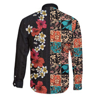 Hawaiian Hibiscus and Tropical Leaves Family Matching Off The Shoulder Long Sleeve Dress and Hawaiian Shirt Patchwork Grunge Abstract Vintage Style