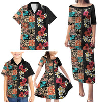 Hawaiian Hibiscus and Tropical Leaves Family Matching Puletasi and Hawaiian Shirt Patchwork Grunge Abstract Vintage Style LT03 - Polynesian Pride