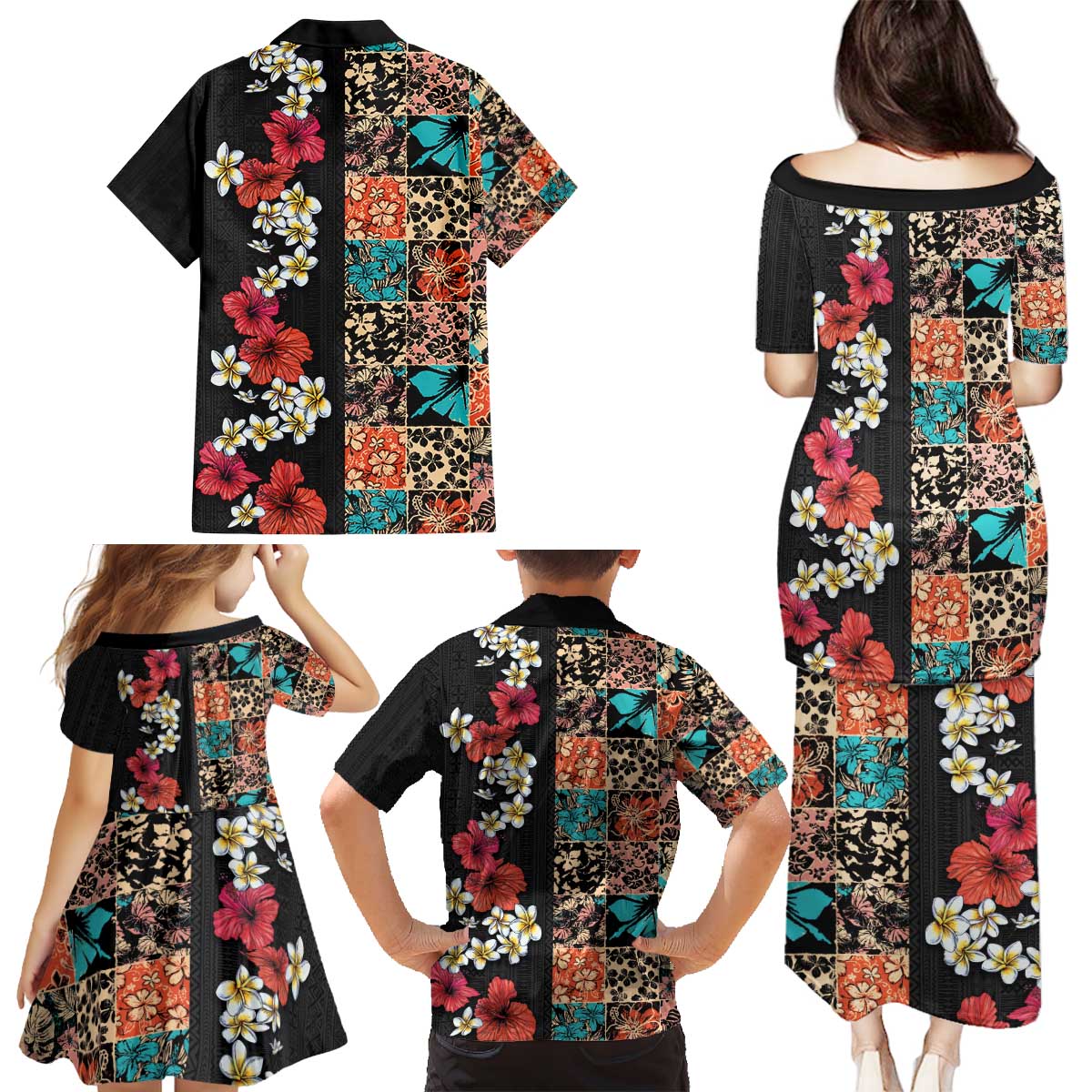 Hawaiian Hibiscus and Tropical Leaves Family Matching Puletasi and Hawaiian Shirt Patchwork Grunge Abstract Vintage Style LT03 - Polynesian Pride
