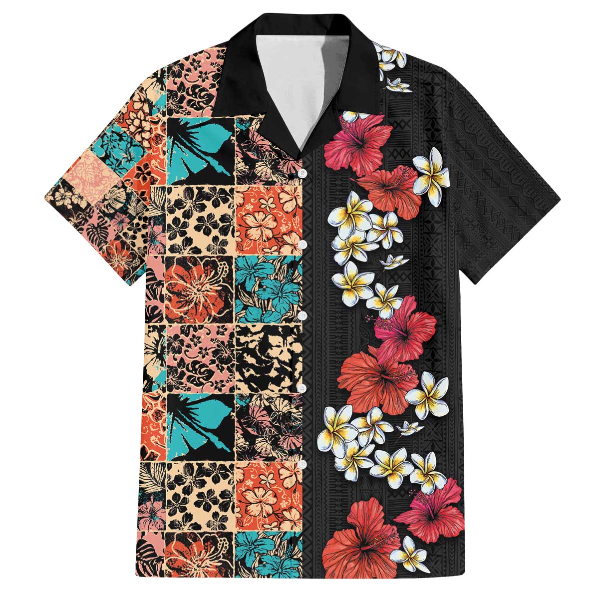 Hawaiian Hibiscus and Tropical Leaves Family Matching Puletasi and Hawaiian Shirt Patchwork Grunge Abstract Vintage Style LT03 Dad's Shirt - Short Sleeve Black - Polynesian Pride