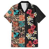 Hawaiian Hibiscus and Tropical Leaves Family Matching Puletasi and Hawaiian Shirt Patchwork Grunge Abstract Vintage Style LT03 Dad's Shirt - Short Sleeve Black - Polynesian Pride