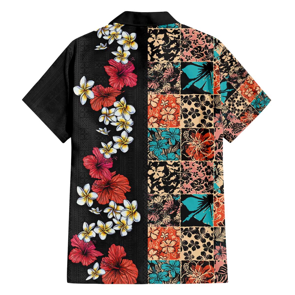 Hawaiian Hibiscus and Tropical Leaves Family Matching Puletasi and Hawaiian Shirt Patchwork Grunge Abstract Vintage Style LT03 - Polynesian Pride