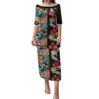 Hawaiian Hibiscus and Tropical Leaves Family Matching Puletasi and Hawaiian Shirt Patchwork Grunge Abstract Vintage Style LT03 Mom's Dress Black - Polynesian Pride