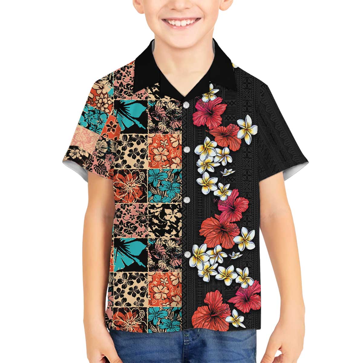 Hawaiian Hibiscus and Tropical Leaves Family Matching Puletasi and Hawaiian Shirt Patchwork Grunge Abstract Vintage Style LT03 Son's Shirt Black - Polynesian Pride