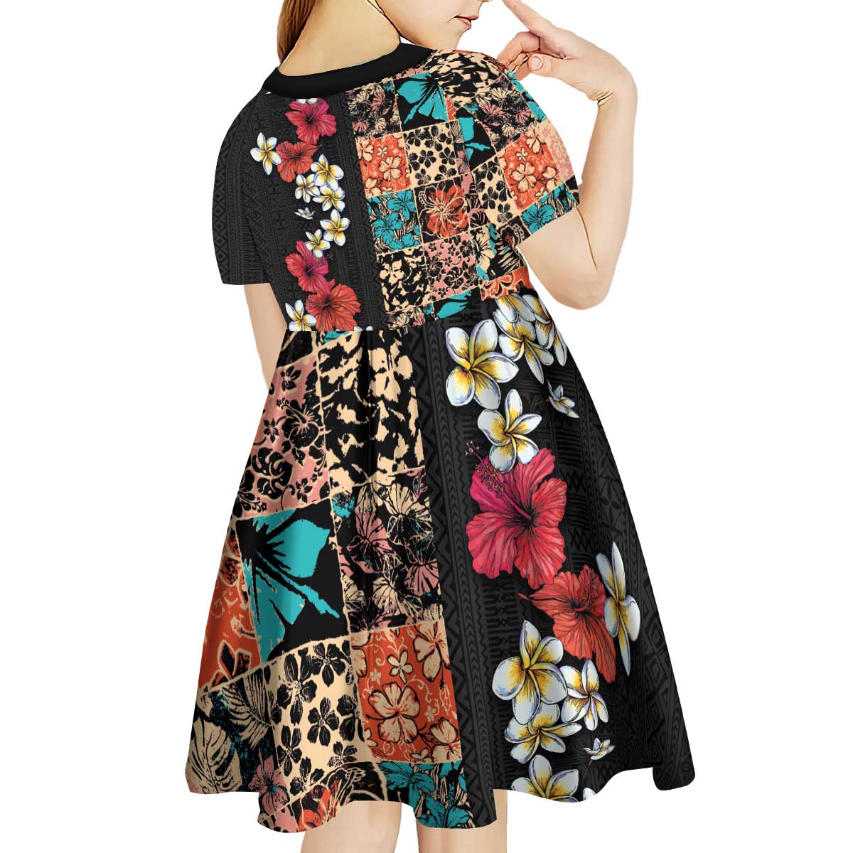 Hawaiian Hibiscus and Tropical Leaves Kid Short Sleeve Dress Patchwork Grunge Abstract Vintage Style