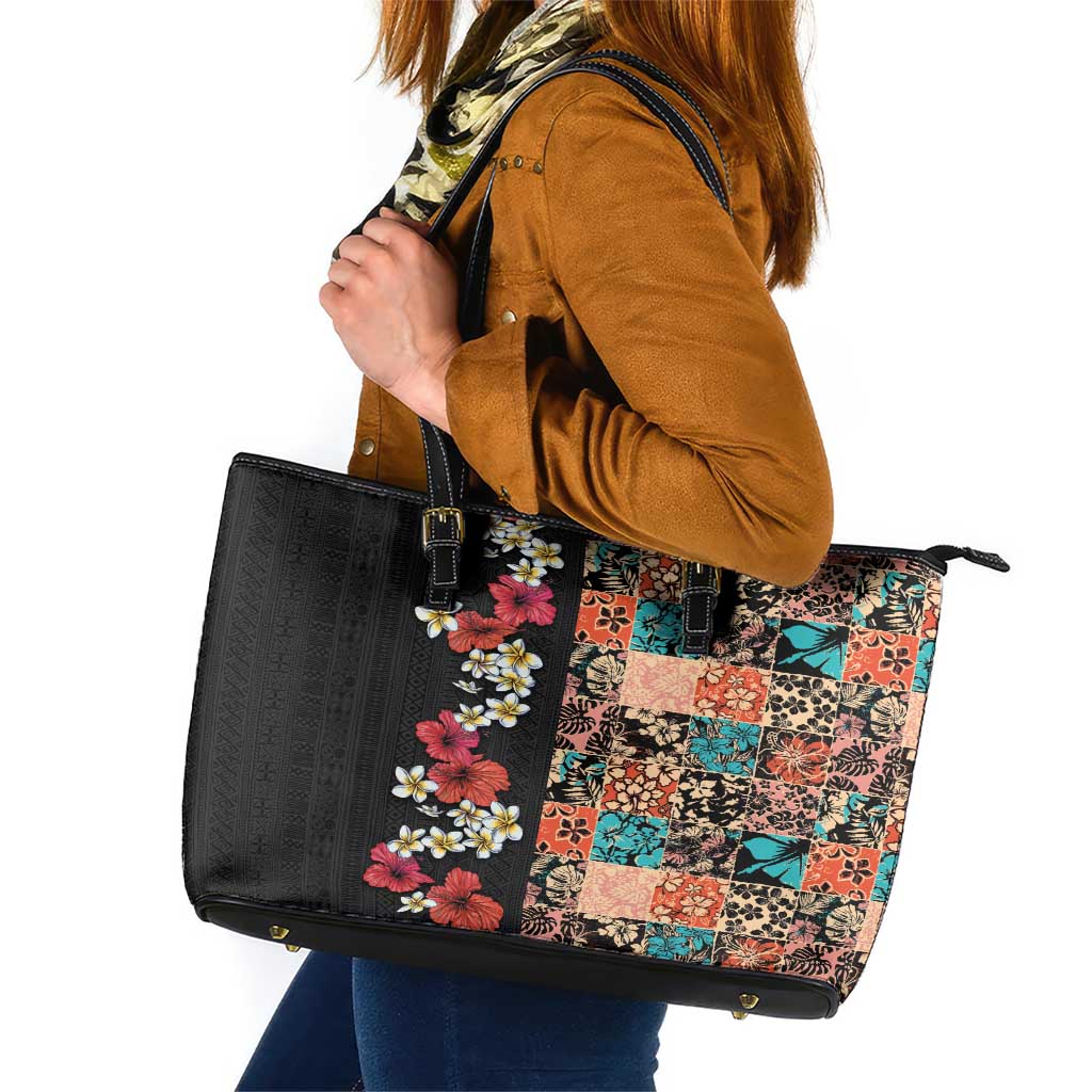 Hawaiian Hibiscus and Tropical Leaves Leather Tote Bag Patchwork Grunge Abstract Vintage Style