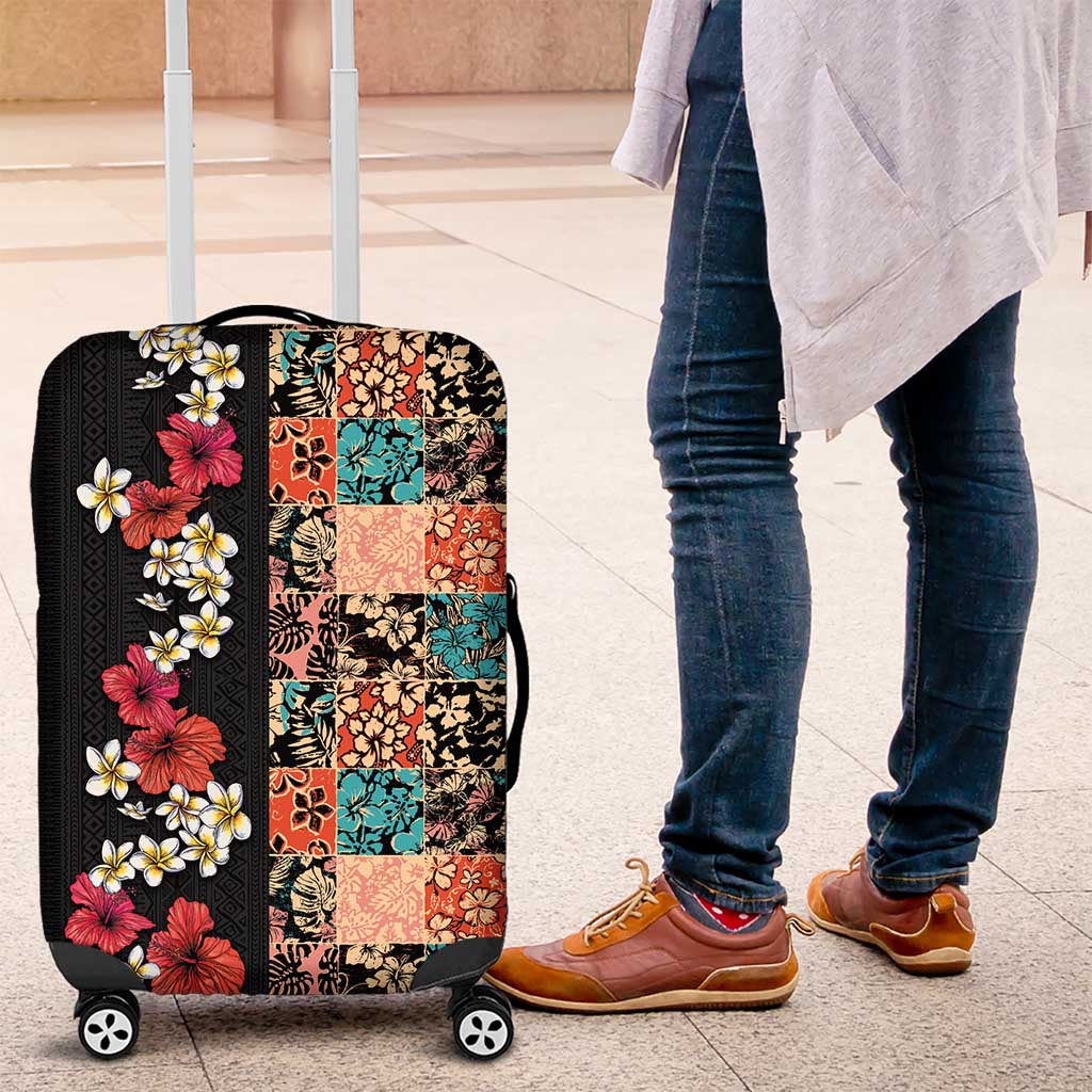 Hawaiian Hibiscus and Tropical Leaves Luggage Cover Patchwork Grunge Abstract Vintage Style