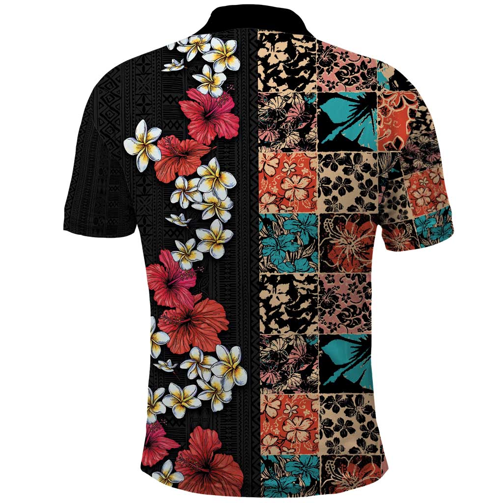 Hawaiian Hibiscus and Tropical Leaves Polo Shirt Patchwork Grunge Abstract Vintage Style