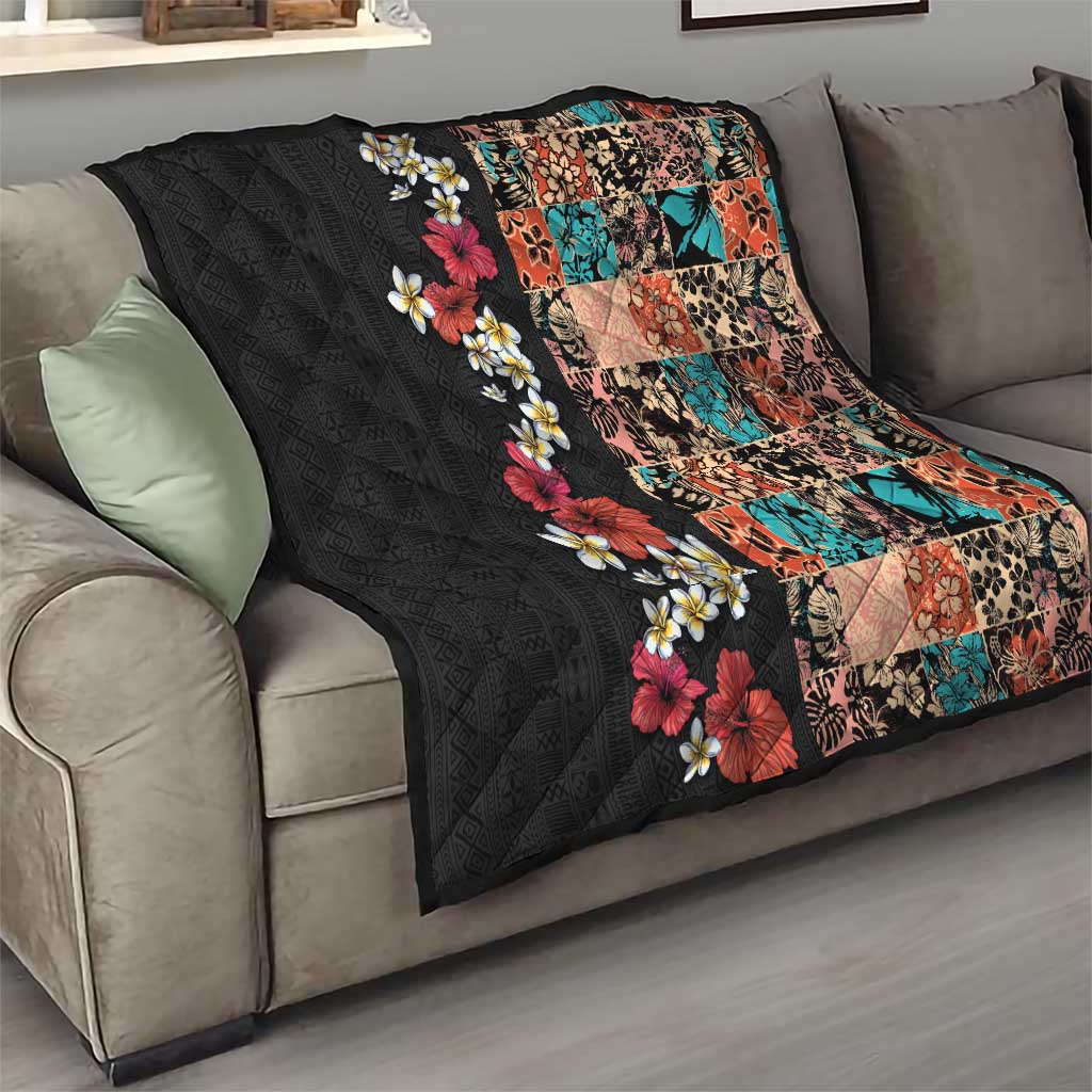 Hawaiian Hibiscus and Tropical Leaves Quilt Patchwork Grunge Abstract Vintage Style