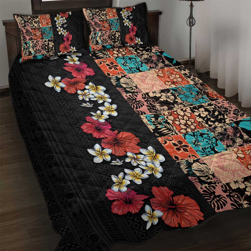 Hawaiian Hibiscus and Tropical Leaves Quilt Bed Set Patchwork Grunge Abstract Vintage Style