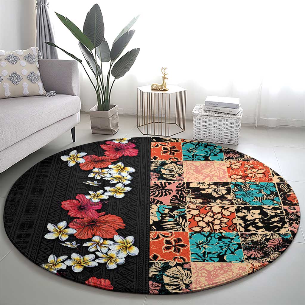 Hawaiian Hibiscus and Tropical Leaves Round Carpet Patchwork Grunge Abstract Vintage Style