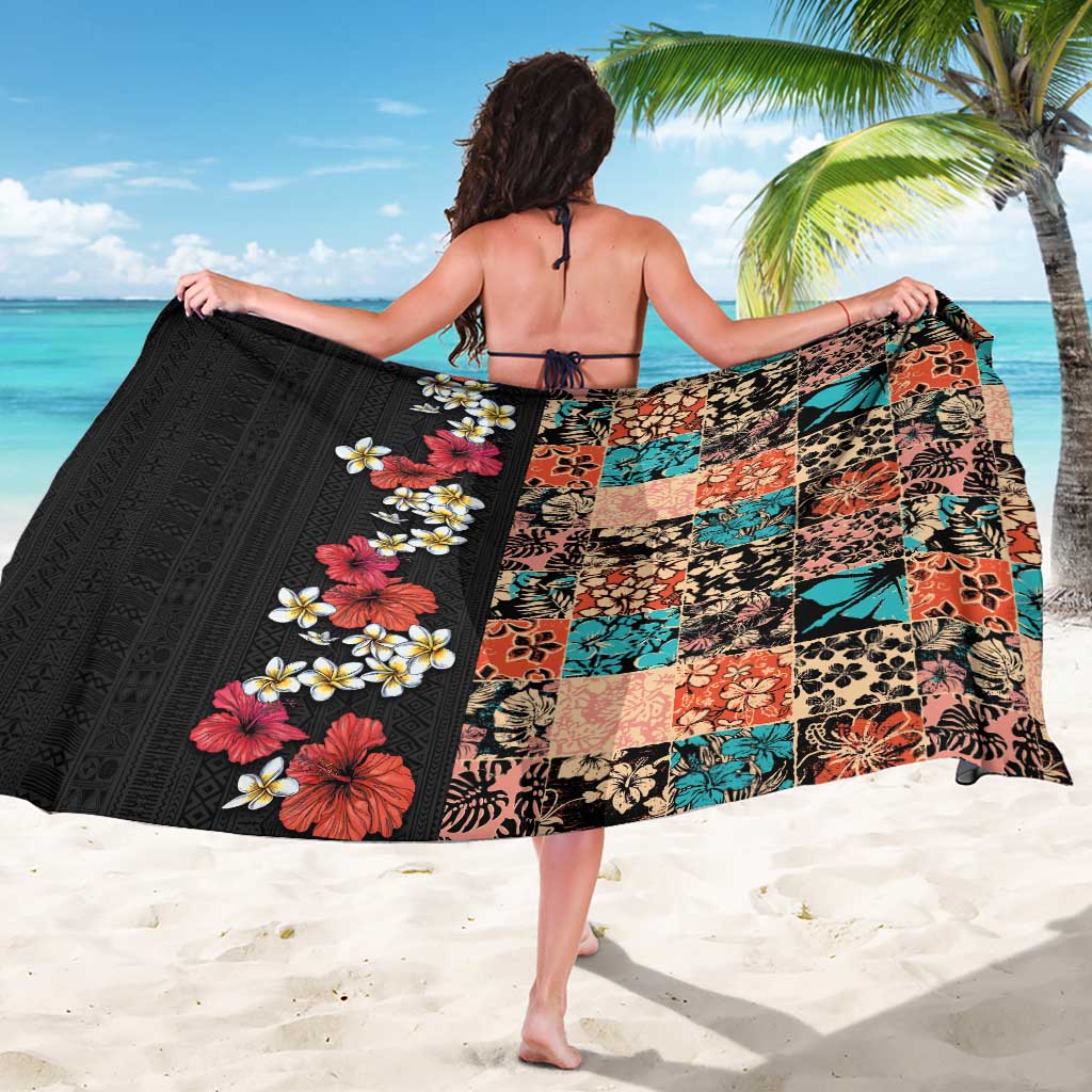 Hawaiian Hibiscus and Tropical Leaves Sarong Patchwork Grunge Abstract Vintage Style