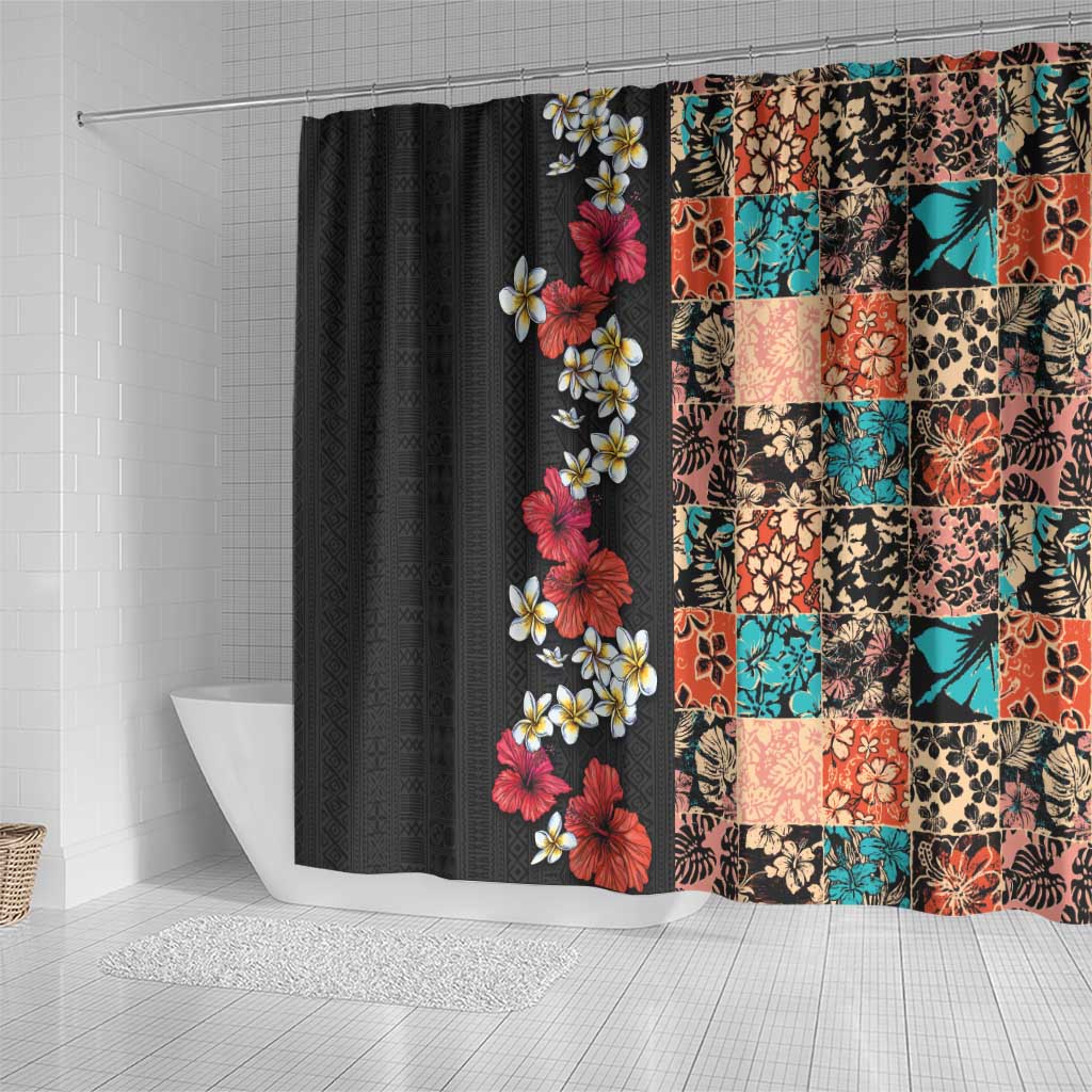 Hawaiian Hibiscus and Tropical Leaves Shower Curtain Patchwork Grunge Abstract Vintage Style