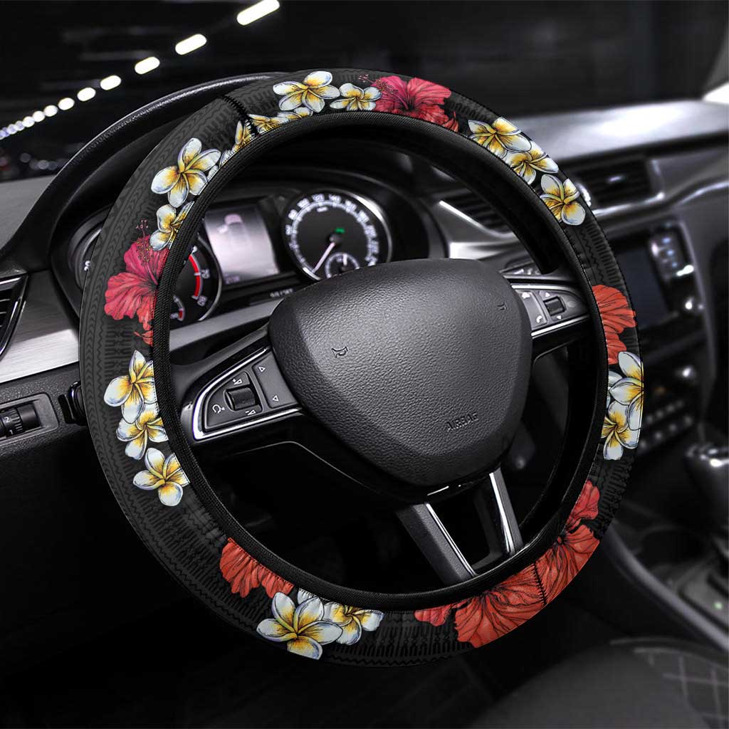 Hawaiian Hibiscus and Tropical Leaves Steering Wheel Cover Patchwork Grunge Abstract Vintage Style