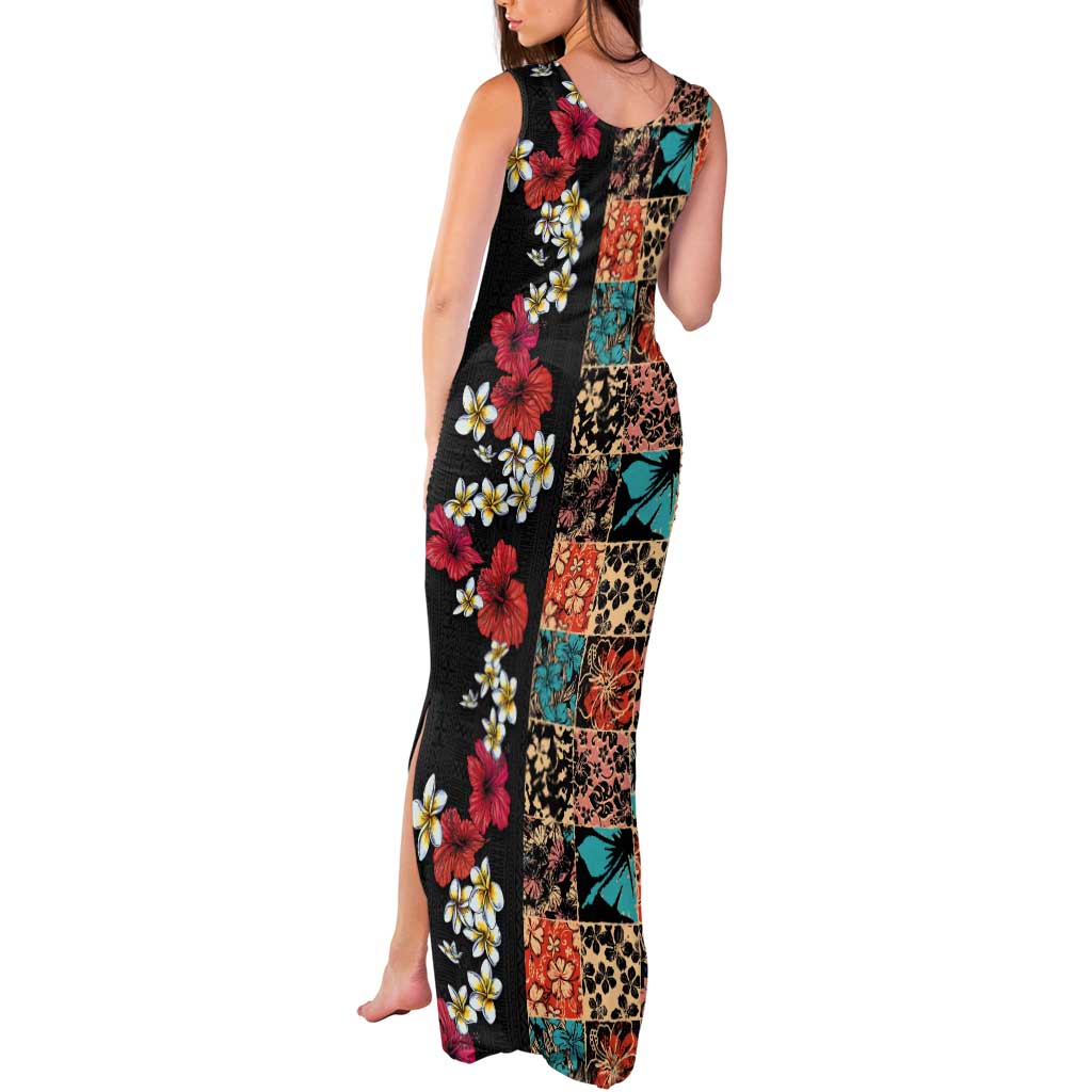 Hawaiian Hibiscus and Tropical Leaves Tank Maxi Dress Patchwork Grunge Abstract Vintage Style