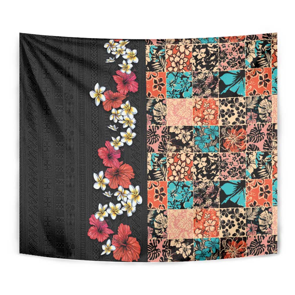 Hawaiian Hibiscus and Tropical Leaves Tapestry Patchwork Grunge Abstract Vintage Style