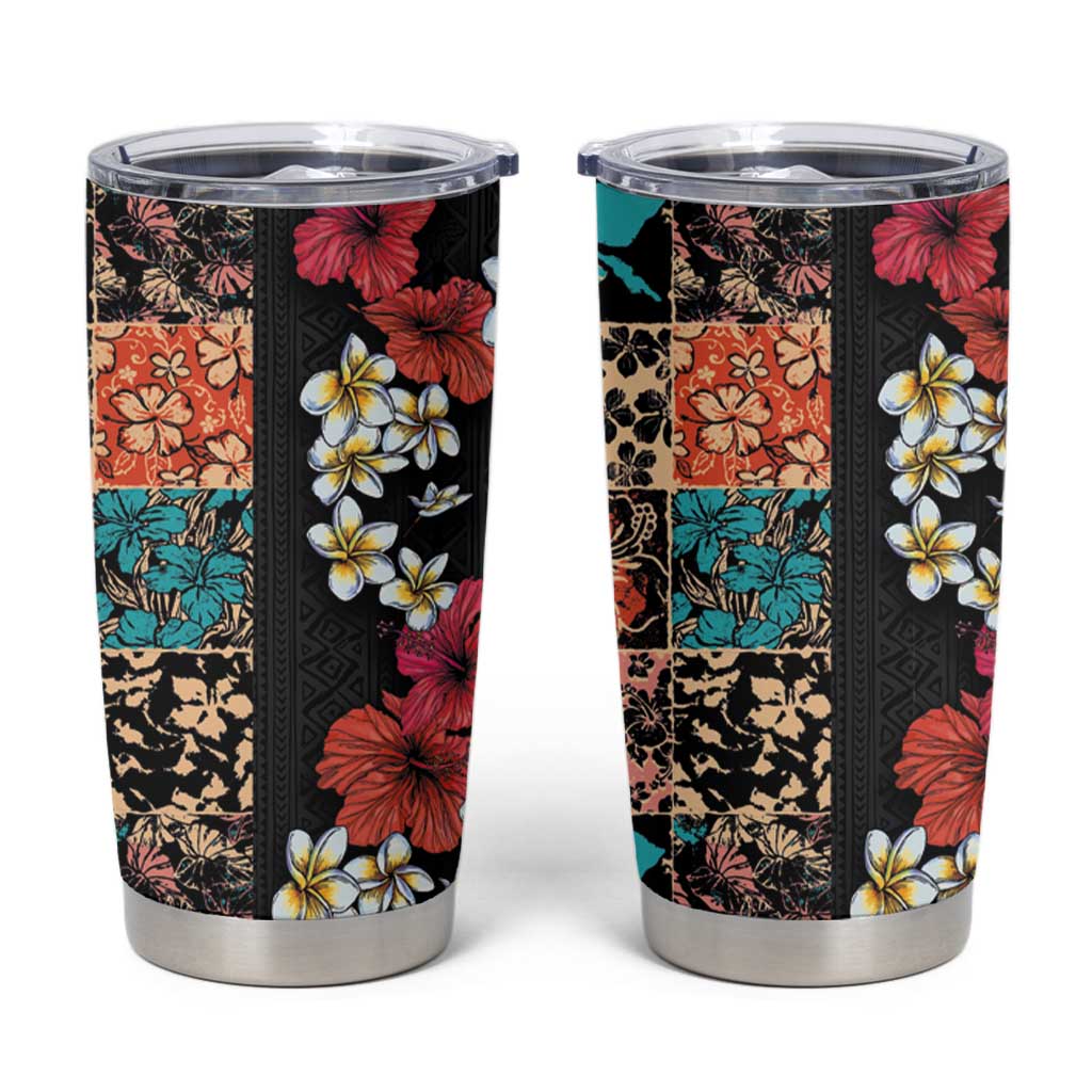 Hawaiian Hibiscus and Tropical Leaves Tumbler Cup Patchwork Grunge Abstract Vintage Style