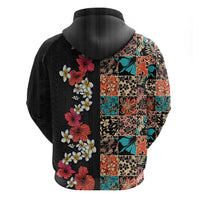 Hawaiian Hibiscus and Tropical Leaves Zip Hoodie Patchwork Grunge Abstract Vintage Style