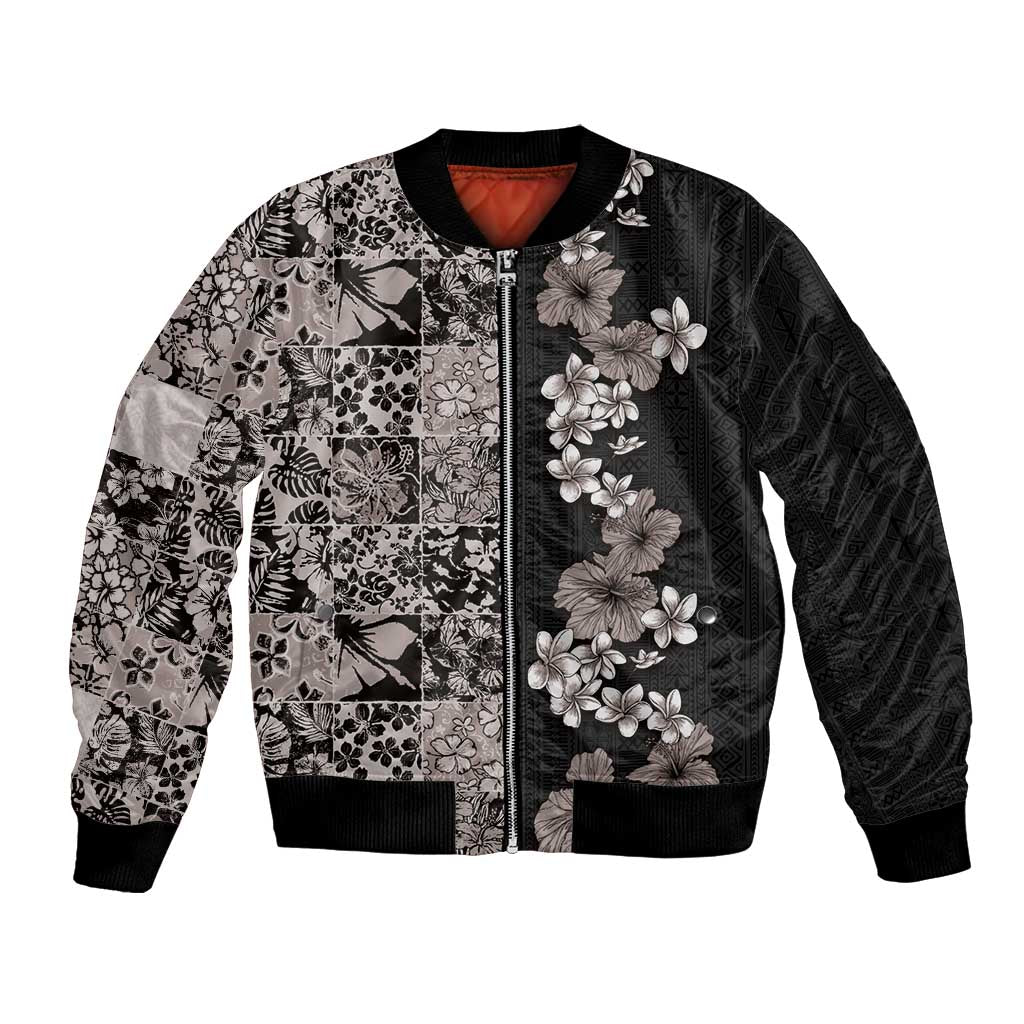 Hawaiian Hibiscus and Tropical Leaves Bomber Jacket Patchwork Grunge Abstract Vintage Style Grayscale Color