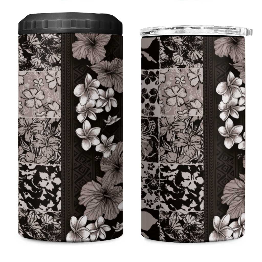 Hawaiian Hibiscus and Tropical Leaves 4 in 1 Can Cooler Tumbler Patchwork Grunge Abstract Vintage Style Grayscale Color