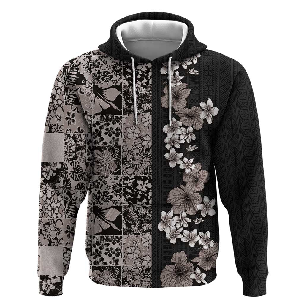 Hawaiian Hibiscus and Tropical Leaves Hoodie Patchwork Grunge Abstract Vintage Style Grayscale Color