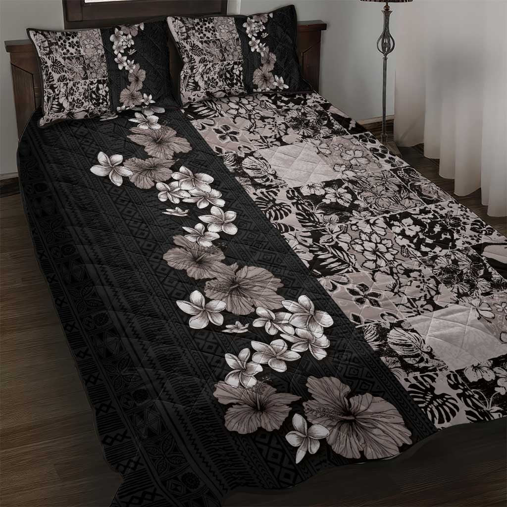 Hawaiian Hibiscus and Tropical Leaves Quilt Bed Set Patchwork Grunge Abstract Vintage Style Grayscale Color