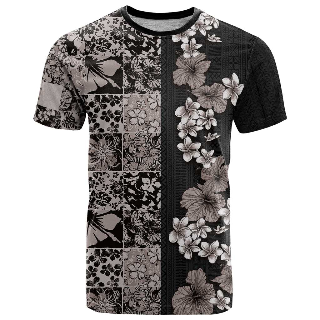 Hawaiian Hibiscus and Tropical Leaves T Shirt Patchwork Grunge Abstract Vintage Style Grayscale Color