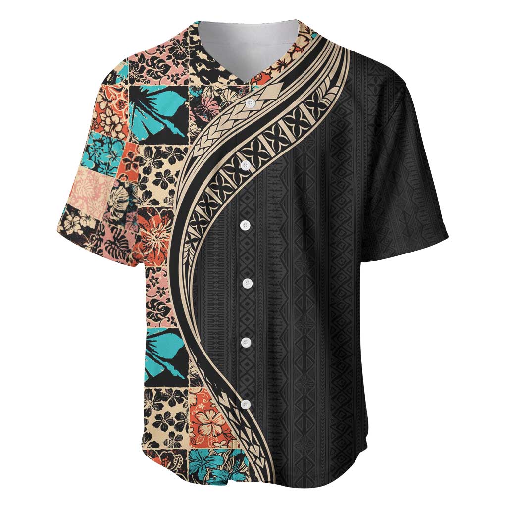 Hawaiian Hibiscus and Tropical Leaves Baseball Jersey Patchwork Grunge Abstract and Tapa Tribal Pattern Half Style LT03 Black - Polynesian Pride