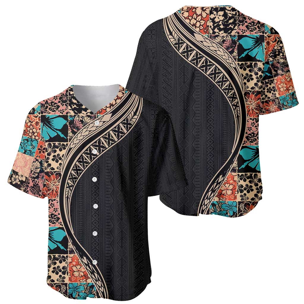 Hawaiian Hibiscus and Tropical Leaves Baseball Jersey Patchwork Grunge Abstract and Tapa Tribal Pattern Half Style LT03 - Polynesian Pride