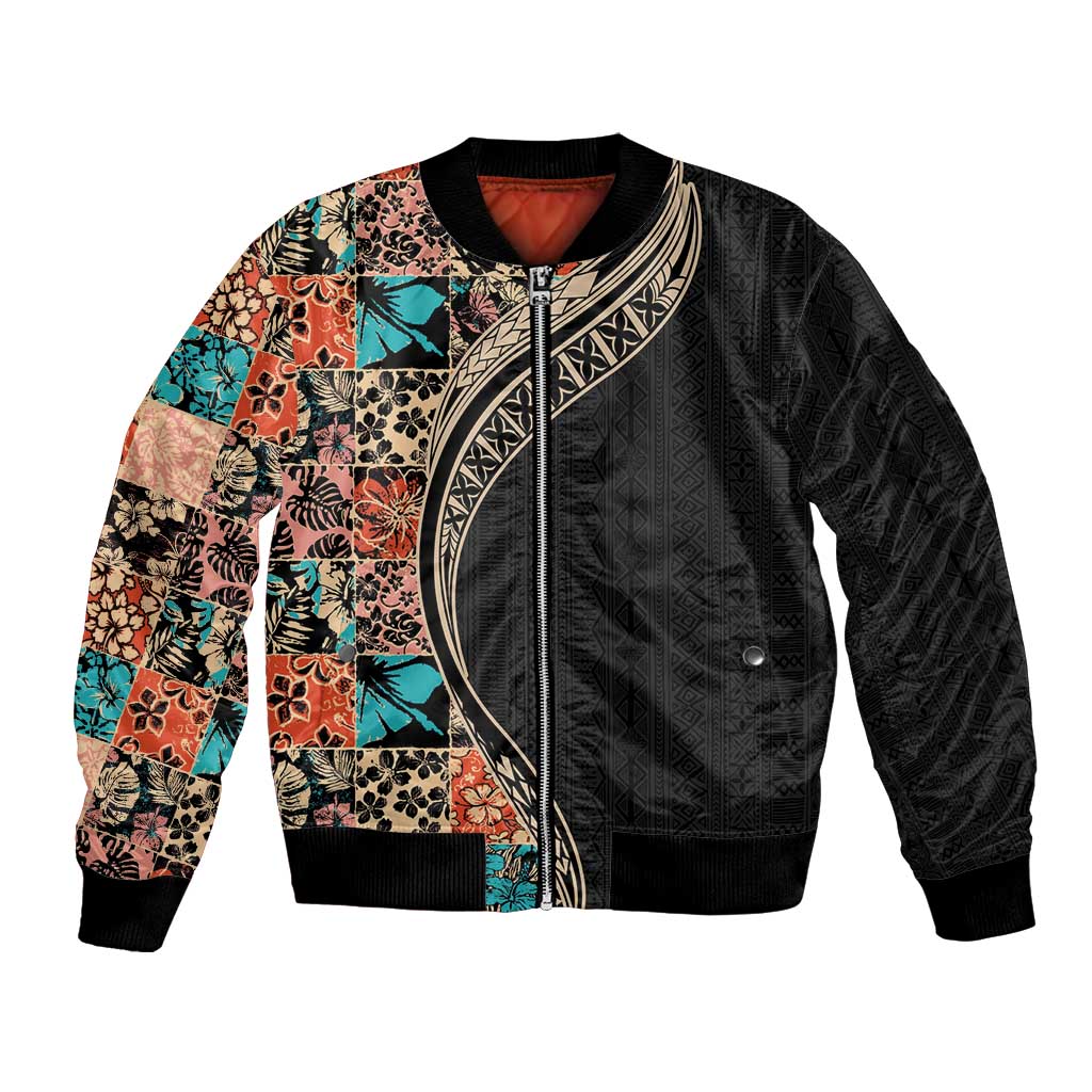 Hawaiian Hibiscus and Tropical Leaves Bomber Jacket Patchwork Grunge Abstract and Tapa Tribal Pattern Half Style