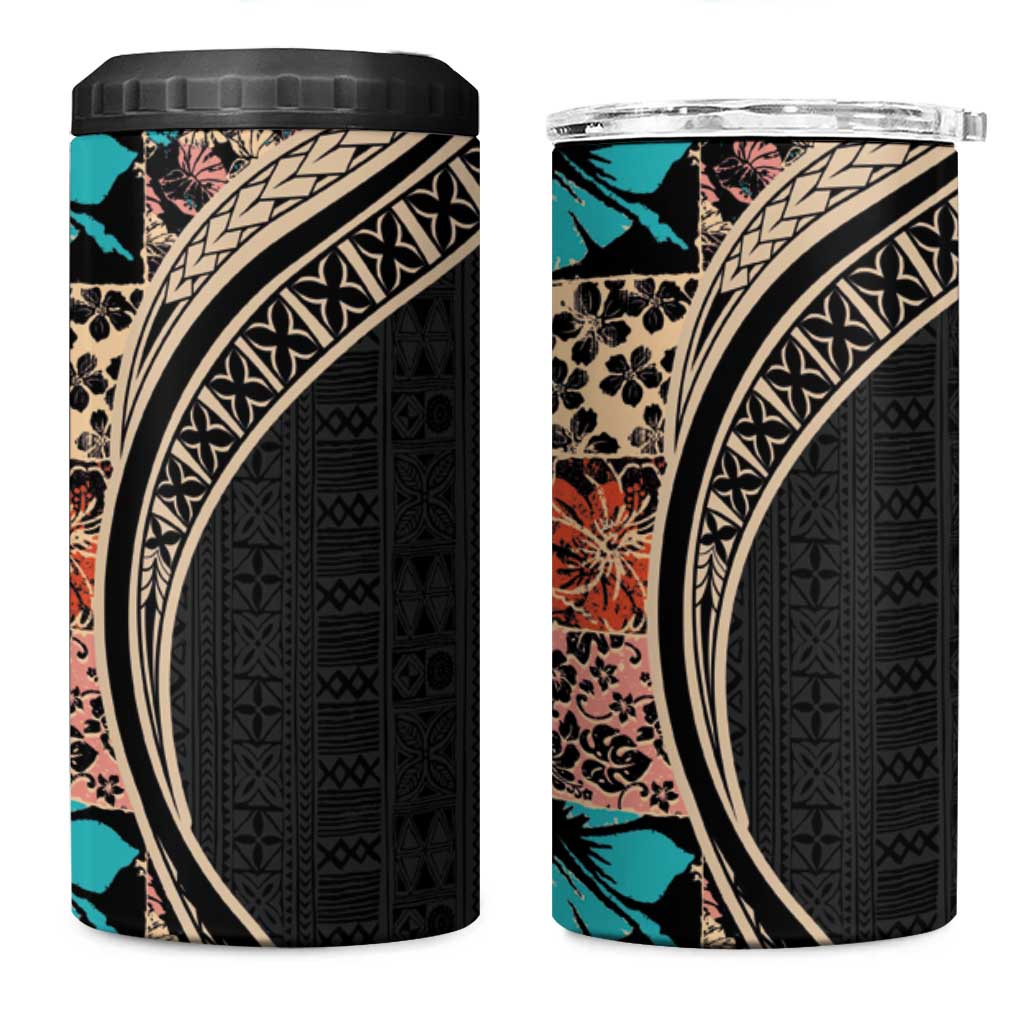 Hawaiian Hibiscus and Tropical Leaves 4 in 1 Can Cooler Tumbler Patchwork Grunge Abstract and Tapa Tribal Pattern Half Style