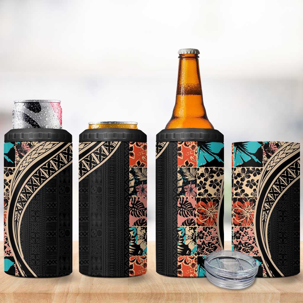 Hawaiian Hibiscus and Tropical Leaves 4 in 1 Can Cooler Tumbler Patchwork Grunge Abstract and Tapa Tribal Pattern Half Style
