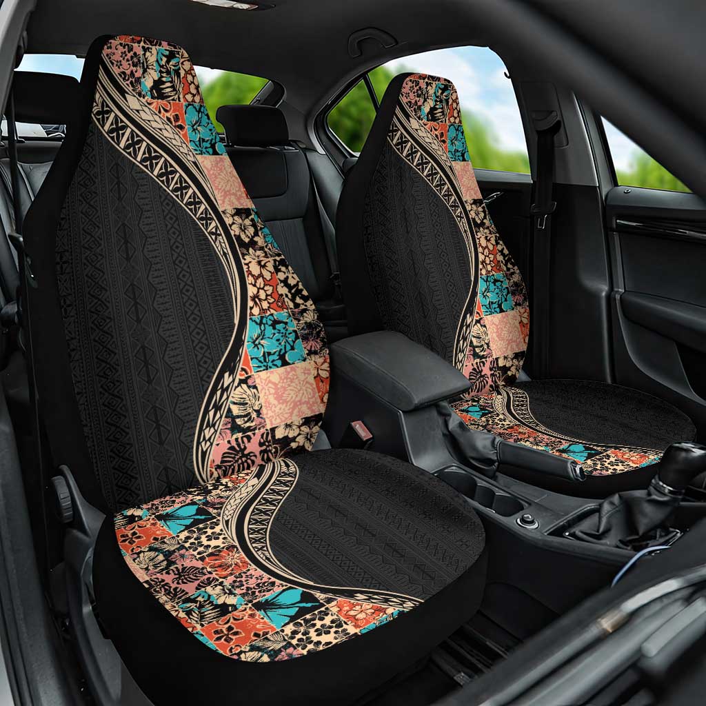 Hawaiian Hibiscus and Tropical Leaves Car Seat Cover Patchwork Grunge Abstract and Tapa Tribal Pattern Half Style