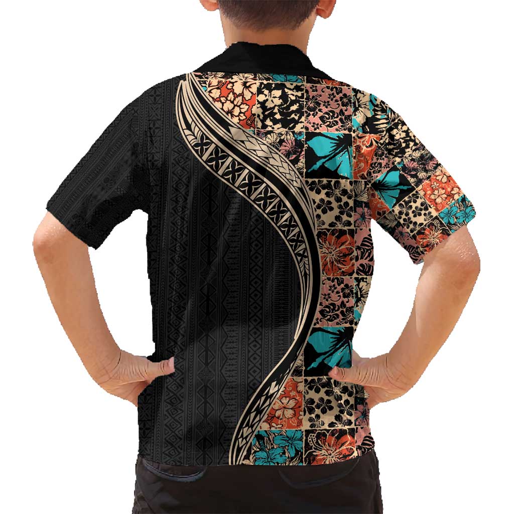 Hawaiian Hibiscus and Tropical Leaves Family Matching Long Sleeve Bodycon Dress and Hawaiian Shirt Patchwork Grunge Abstract and Tapa Tribal Pattern Half Style