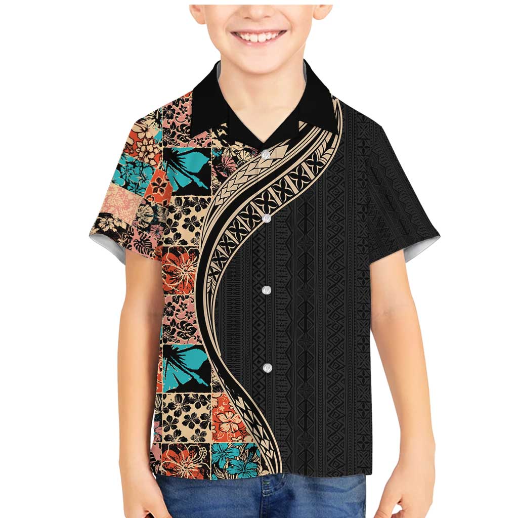 Hawaiian Hibiscus and Tropical Leaves Family Matching Mermaid Dress and Hawaiian Shirt Patchwork Grunge Abstract and Tapa Tribal Pattern Half Style