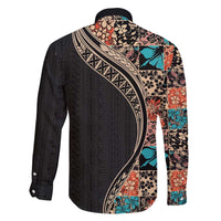 Hawaiian Hibiscus and Tropical Leaves Family Matching Off The Shoulder Long Sleeve Dress and Hawaiian Shirt Patchwork Grunge Abstract and Tapa Tribal Pattern Half Style