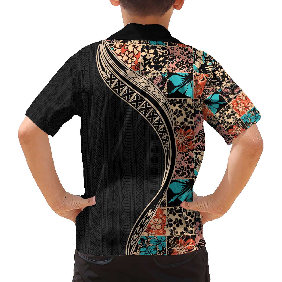 Hawaiian Hibiscus and Tropical Leaves Family Matching Puletasi and Hawaiian Shirt Patchwork Grunge Abstract and Tapa Tribal Pattern Half Style LT03 - Polynesian Pride