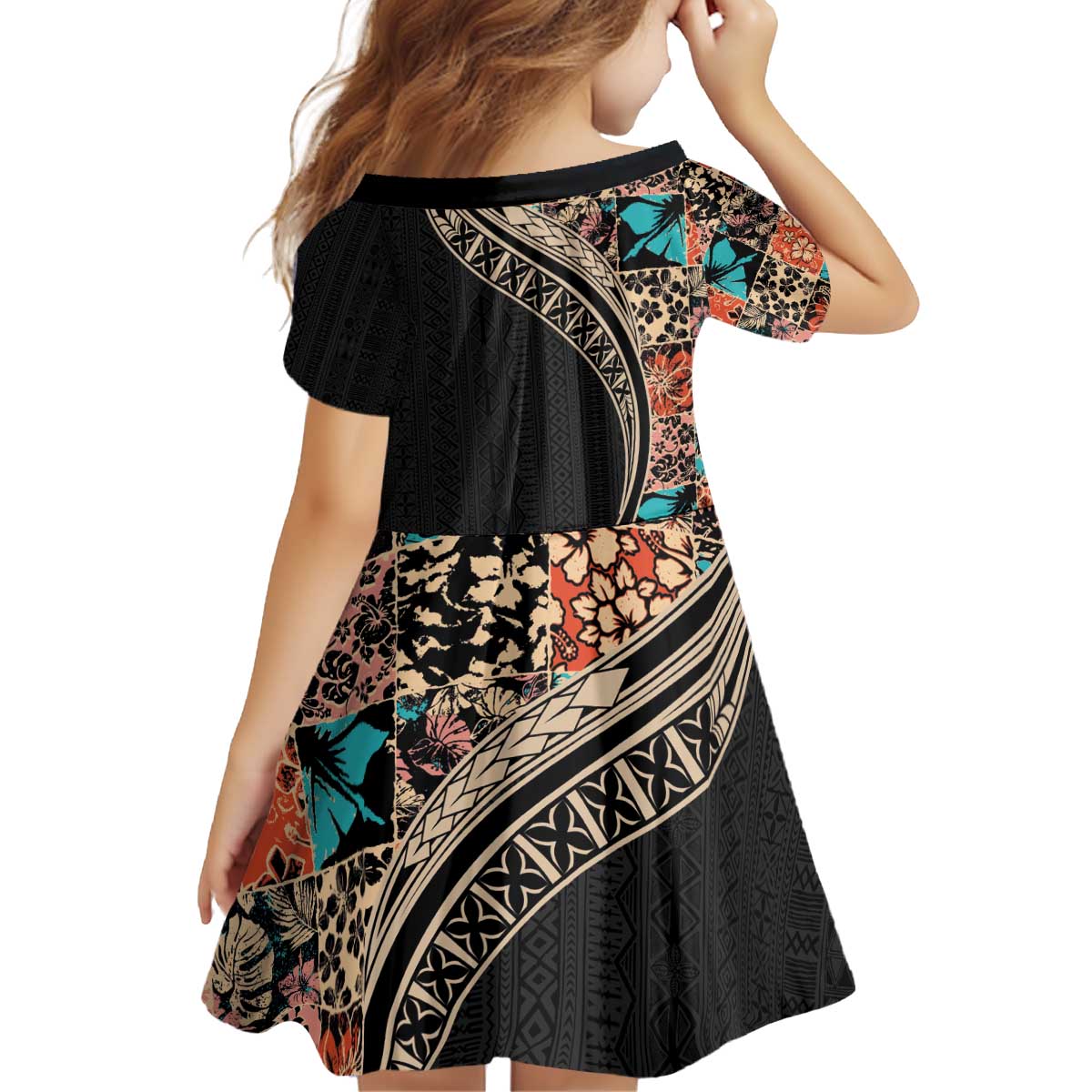 Hawaiian Hibiscus and Tropical Leaves Family Matching Puletasi and Hawaiian Shirt Patchwork Grunge Abstract and Tapa Tribal Pattern Half Style LT03 - Polynesian Pride