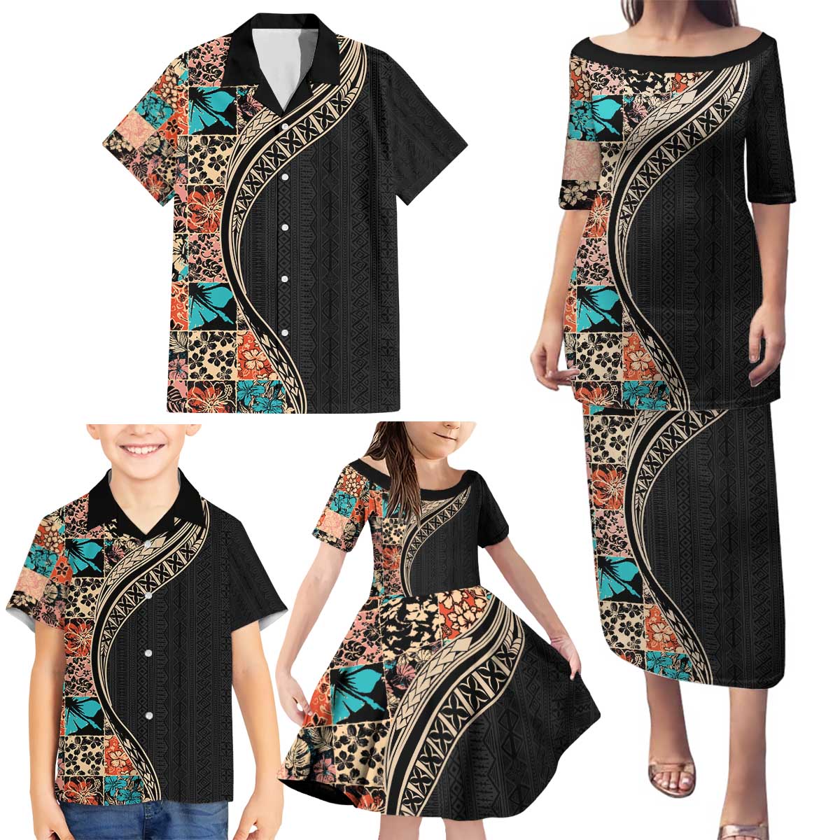 Hawaiian Hibiscus and Tropical Leaves Family Matching Puletasi and Hawaiian Shirt Patchwork Grunge Abstract and Tapa Tribal Pattern Half Style LT03 - Polynesian Pride