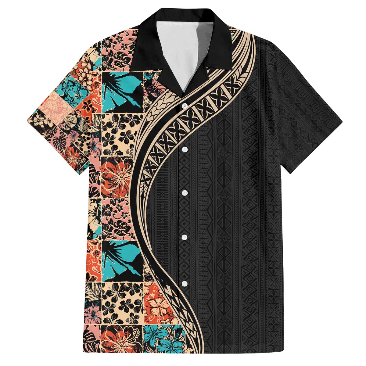 Hawaiian Hibiscus and Tropical Leaves Family Matching Puletasi and Hawaiian Shirt Patchwork Grunge Abstract and Tapa Tribal Pattern Half Style LT03 Dad's Shirt - Short Sleeve Black - Polynesian Pride
