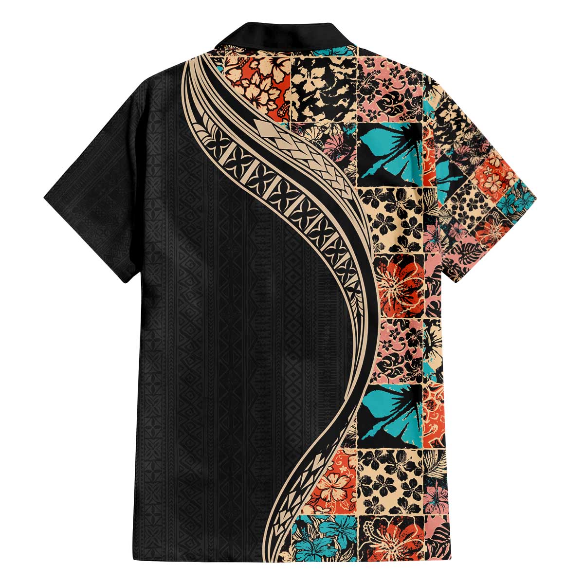 Hawaiian Hibiscus and Tropical Leaves Family Matching Puletasi and Hawaiian Shirt Patchwork Grunge Abstract and Tapa Tribal Pattern Half Style LT03 - Polynesian Pride