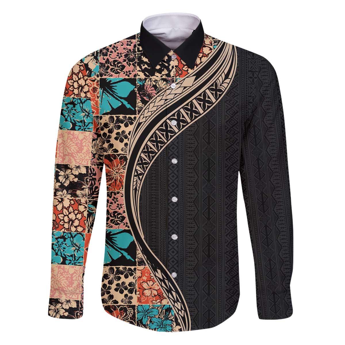 Hawaiian Hibiscus and Tropical Leaves Family Matching Puletasi and Hawaiian Shirt Patchwork Grunge Abstract and Tapa Tribal Pattern Half Style LT03 Dad's Shirt - Long Sleeve Black - Polynesian Pride