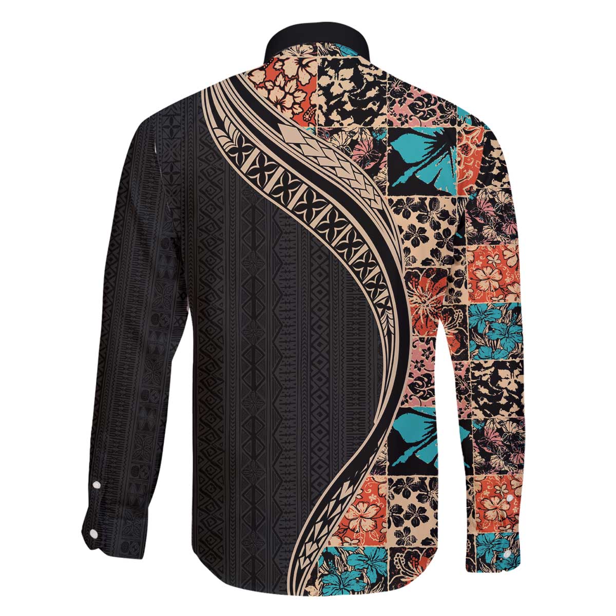 Hawaiian Hibiscus and Tropical Leaves Family Matching Puletasi and Hawaiian Shirt Patchwork Grunge Abstract and Tapa Tribal Pattern Half Style LT03 - Polynesian Pride