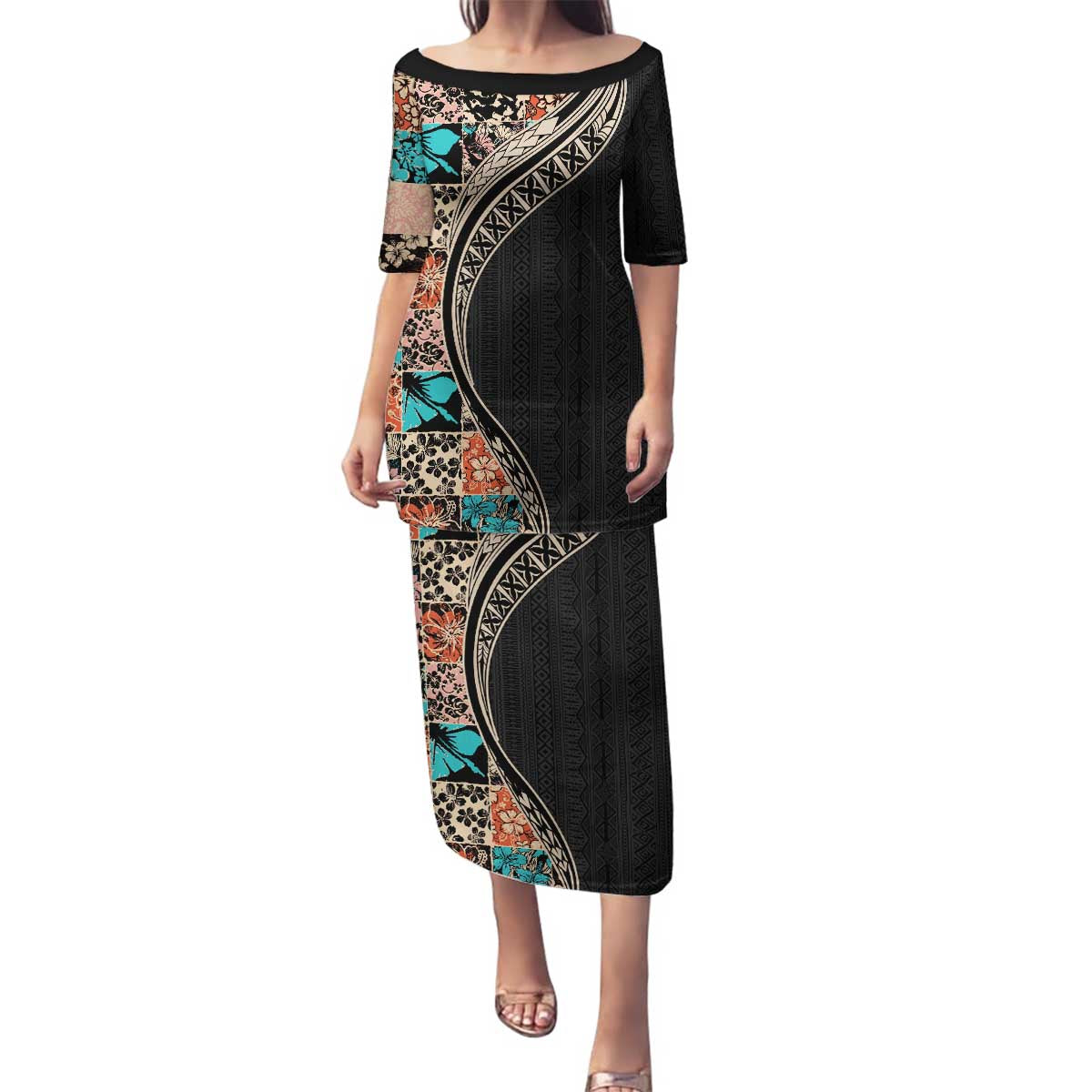 Hawaiian Hibiscus and Tropical Leaves Family Matching Puletasi and Hawaiian Shirt Patchwork Grunge Abstract and Tapa Tribal Pattern Half Style LT03 Mom's Dress Black - Polynesian Pride